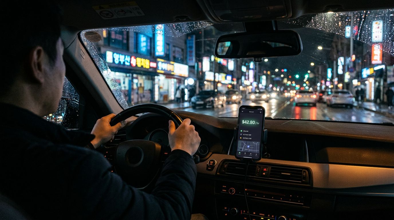 A rideshare driver at night with a phone-mounted dashboard display showing $42.80/hr