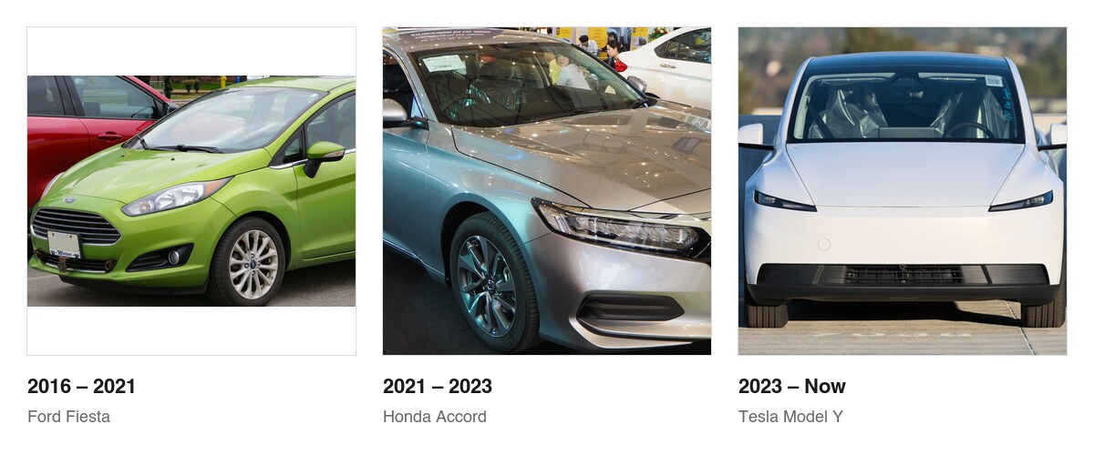 A driver's three rideshare vehicles over ten years: green Ford Fiesta, Honda Accord, and Tesla Model Y
