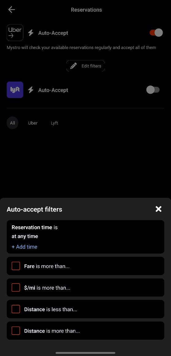 Mystro Reservations screen with the auto-accept filter popup open, showing filter options for Reservation time, Fare, $/mi, and Distance.