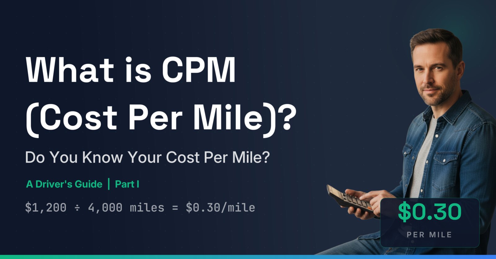 What is CPM (Cost Per Mile)? — a rideshare driver with a calculator beside the example $1,200 ÷ 4,000 miles = $0.30/mile