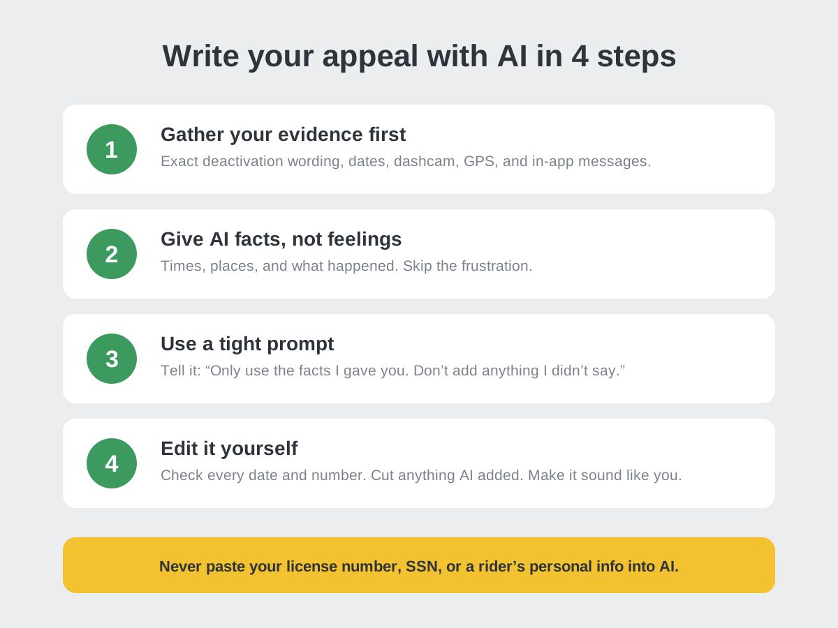 Four steps to write a deactivation appeal with AI: gather your evidence, give AI facts instead of feelings, use a tight prompt, and edit it yourself. Never paste your license number, SSN, or a rider’s personal info into AI.