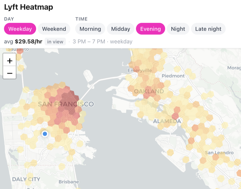 Lyft heatmap showing rideshare offer density and pay by area